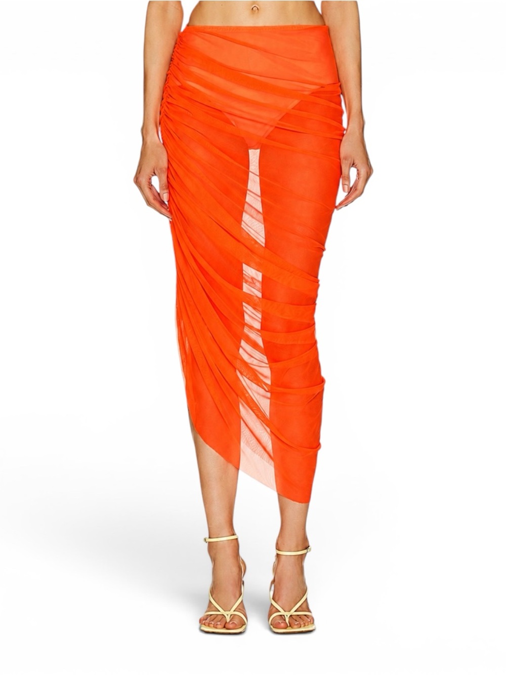 Norma Kamali Diana Long Skirt Neon Orange Ruched Mesh Sheer XL